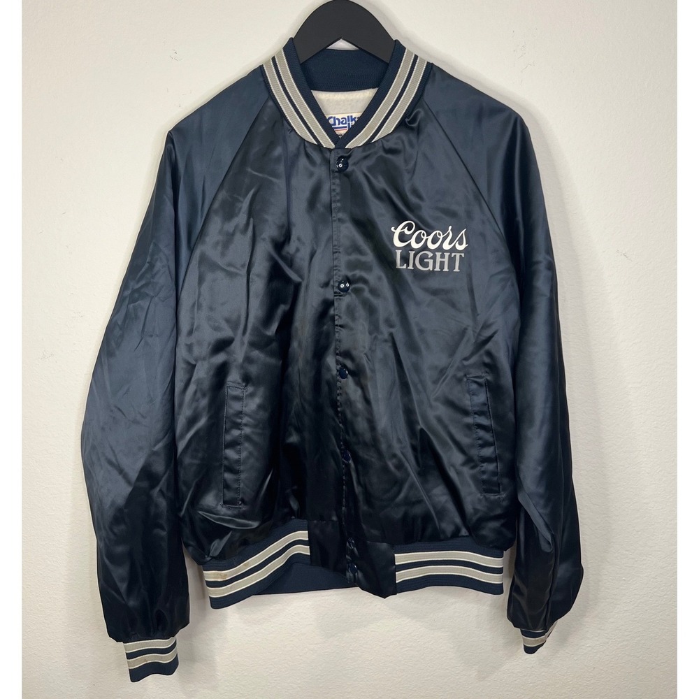 Chalk Line Mens Coors Light Satin Bomber Jacket Navy Blue Large Made in USA